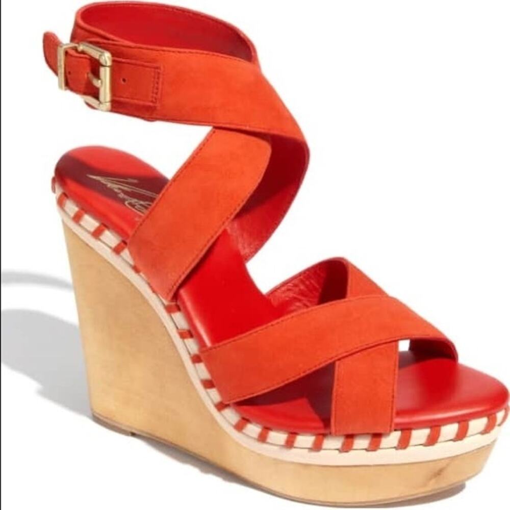 VC Signature | Lene Vince Camuto Red Leather Ankle Strap Block Wedge Sandals - Picture 11 of 12